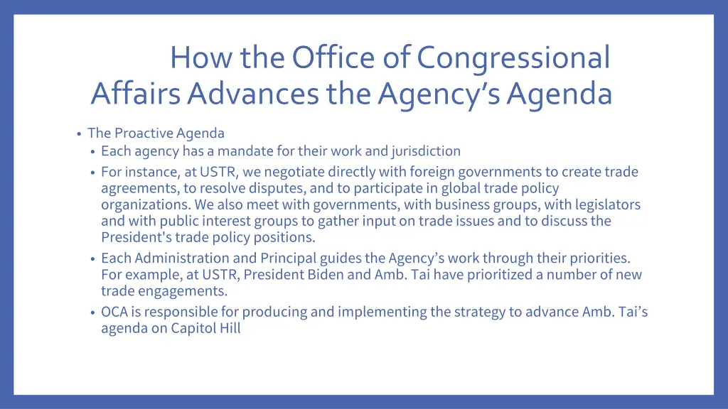 how the office of congressional affairs advances