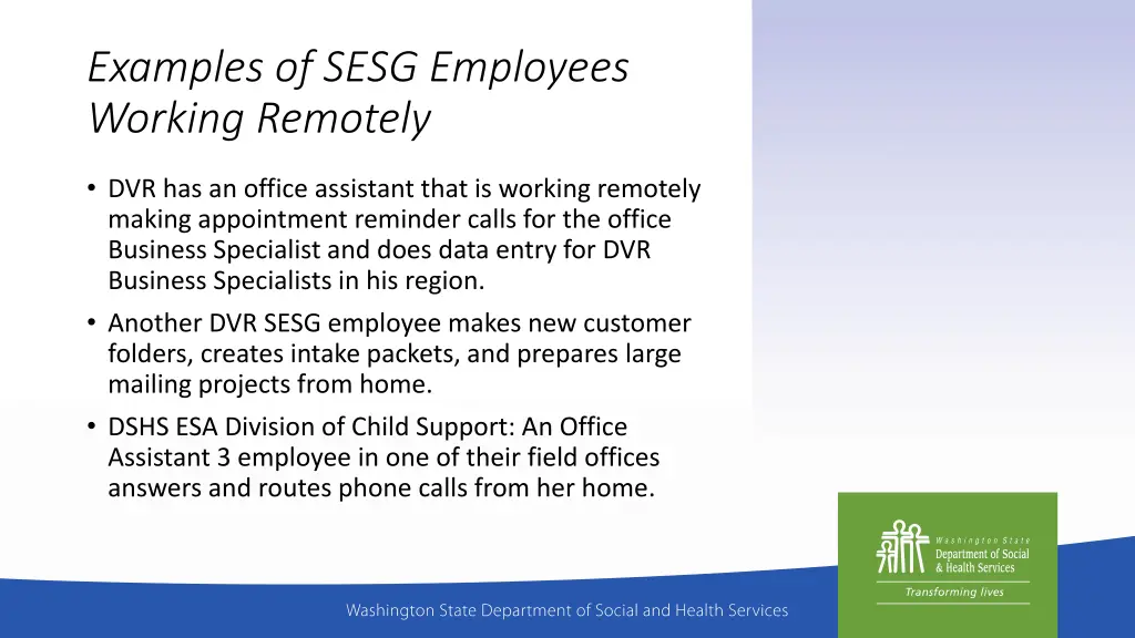 examples of sesg employees working remotely