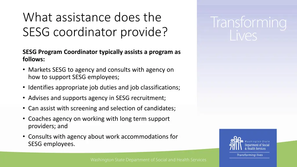 what assistance does the sesg coordinator provide