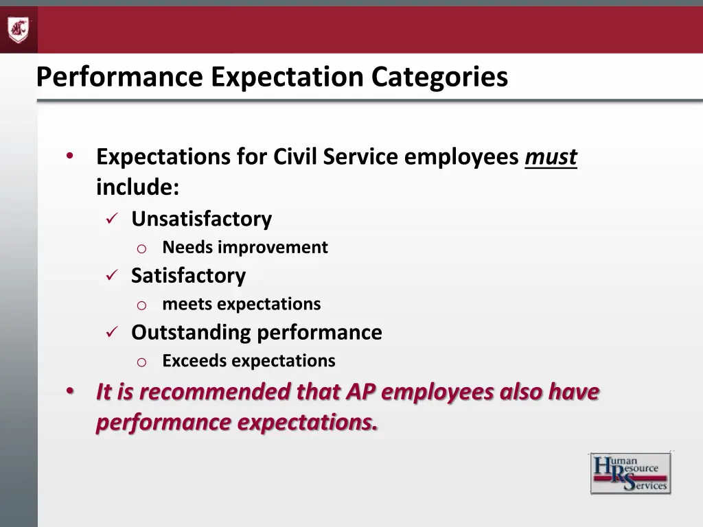 performance expectation categories