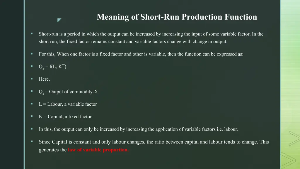 meaning of short run production function