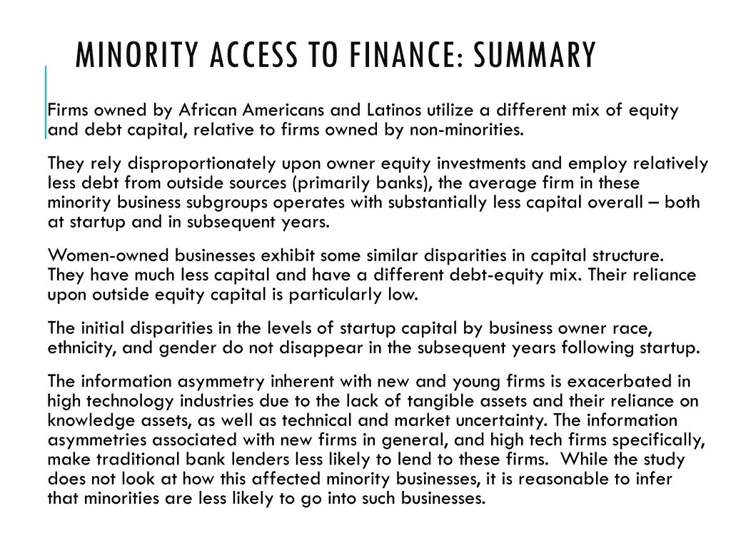 minority access to finance summary