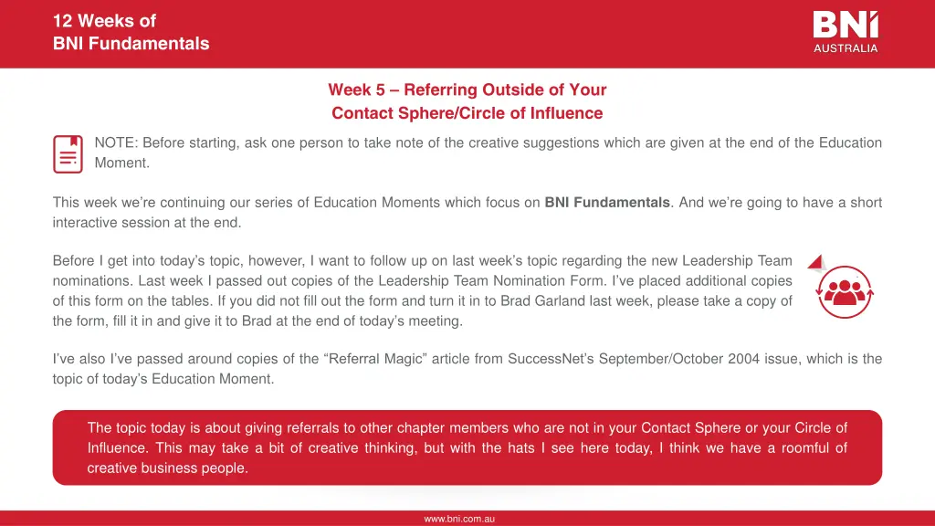 12 weeks of bni fundamentals 8