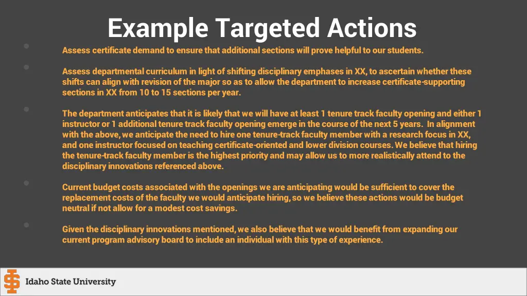 example targeted actions assess certificate