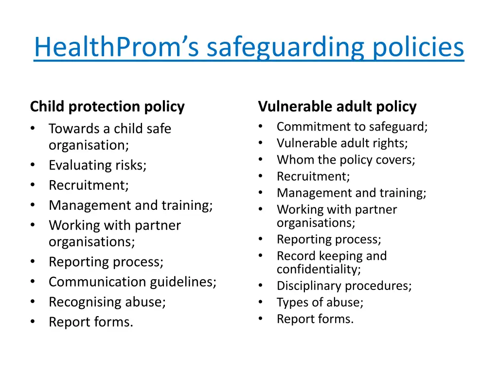 healthprom s safeguarding policies