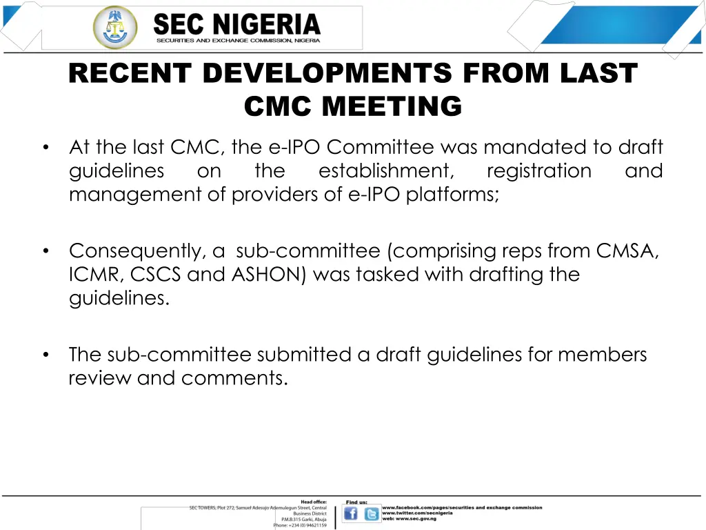 recent developments from last cmc meeting