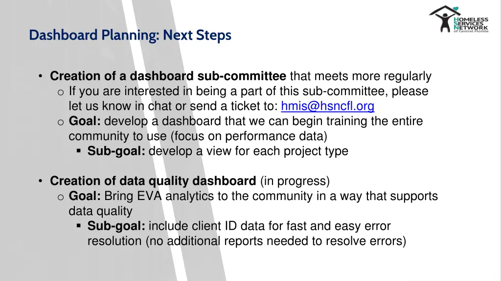 dashboard planning next steps