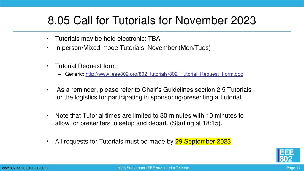 8 05 call for tutorials for november 2023
