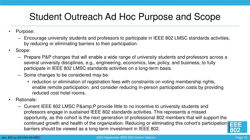 student outreach ad hoc purpose and scope
