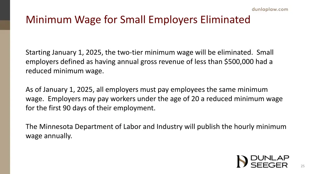minimum wage for small employers eliminated