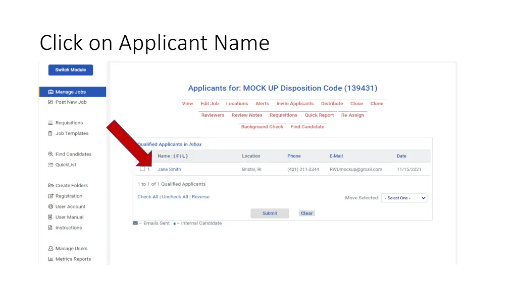 click on applicant name