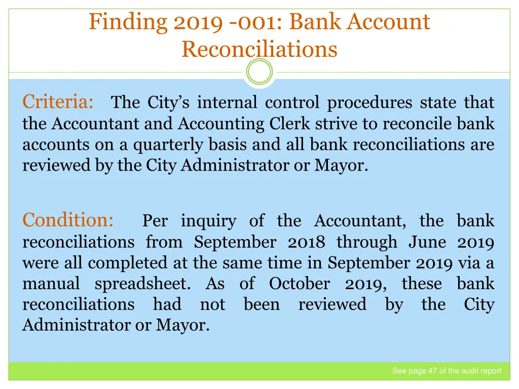 finding 2019 001 bank account reconciliations