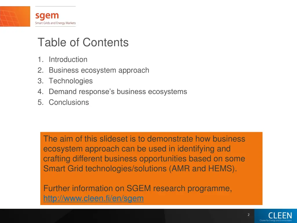 table of contents