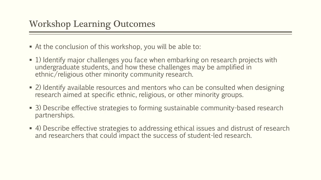 workshop learning outcomes