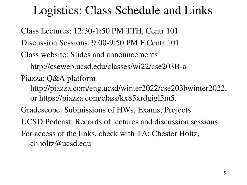 logistics class schedule and links