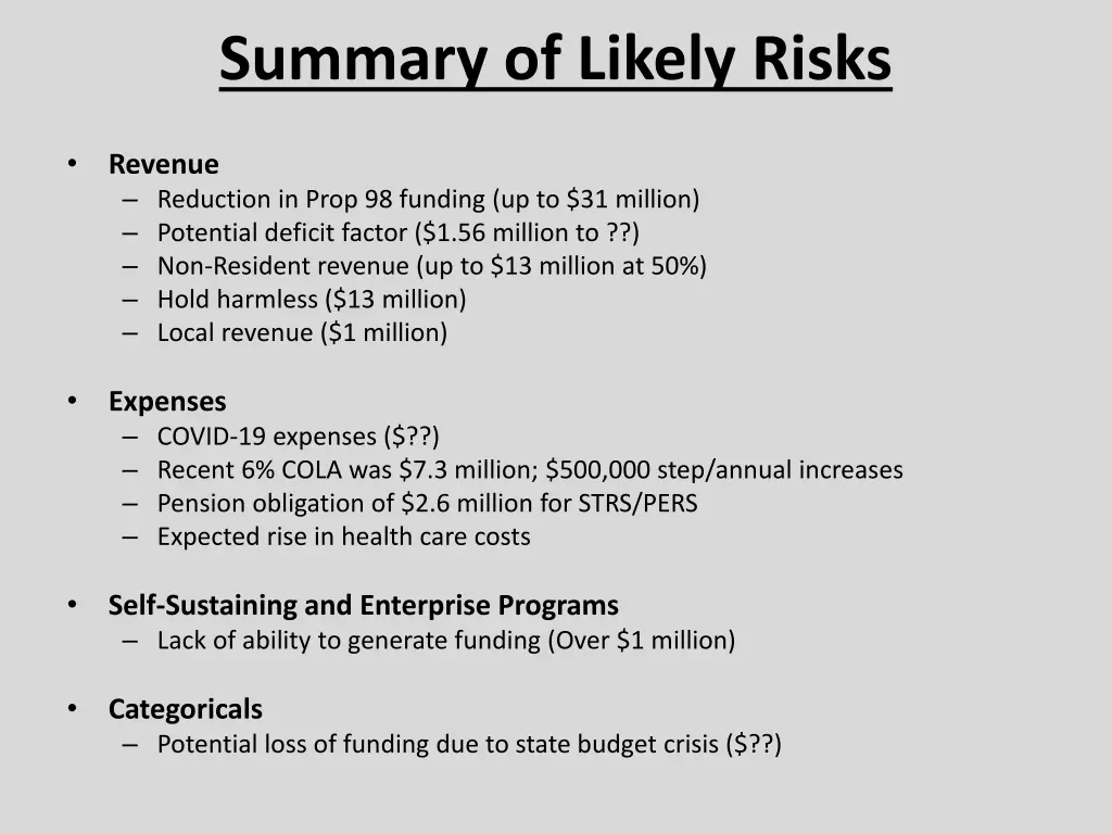 summary of likely risks