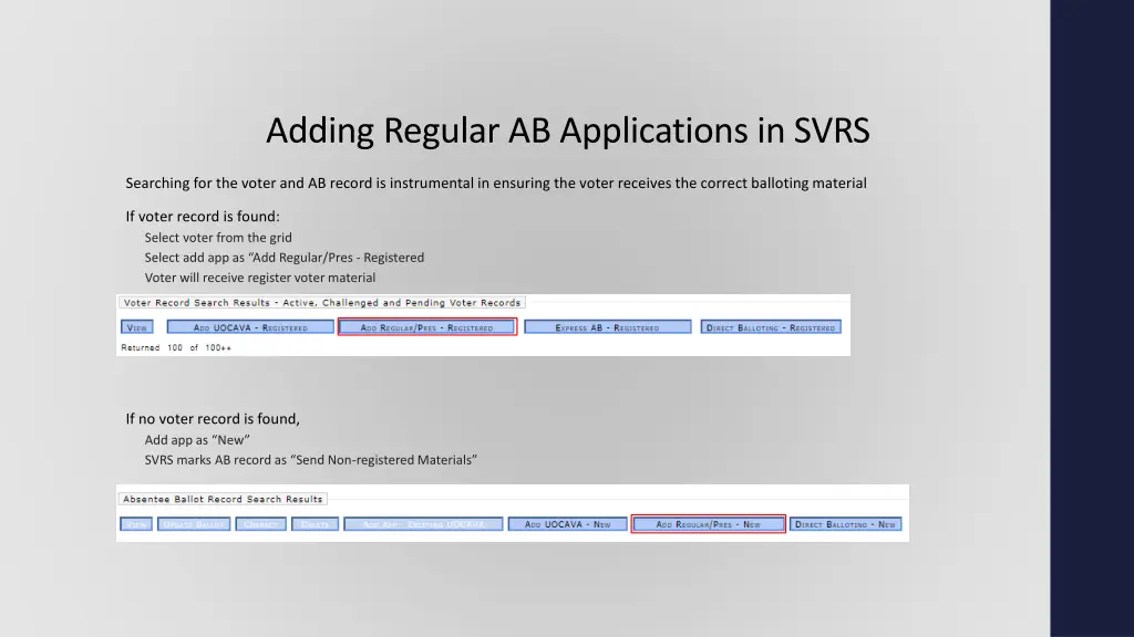 adding regular ab applications in svrs 1