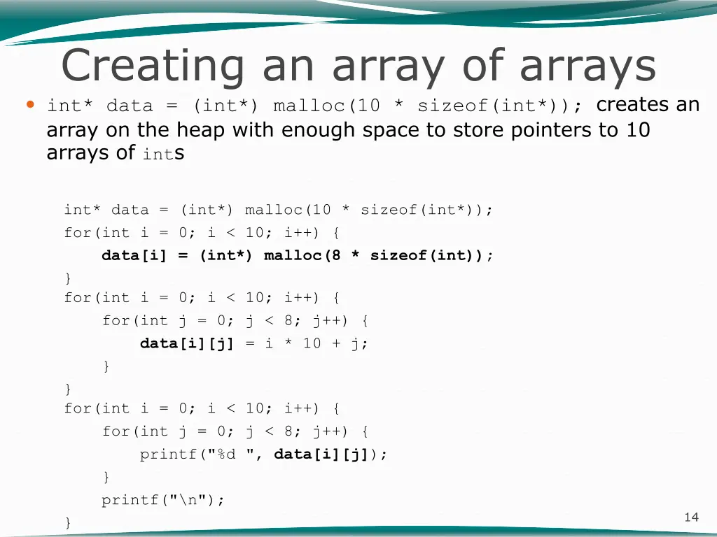 creating an array of arrays int data int malloc
