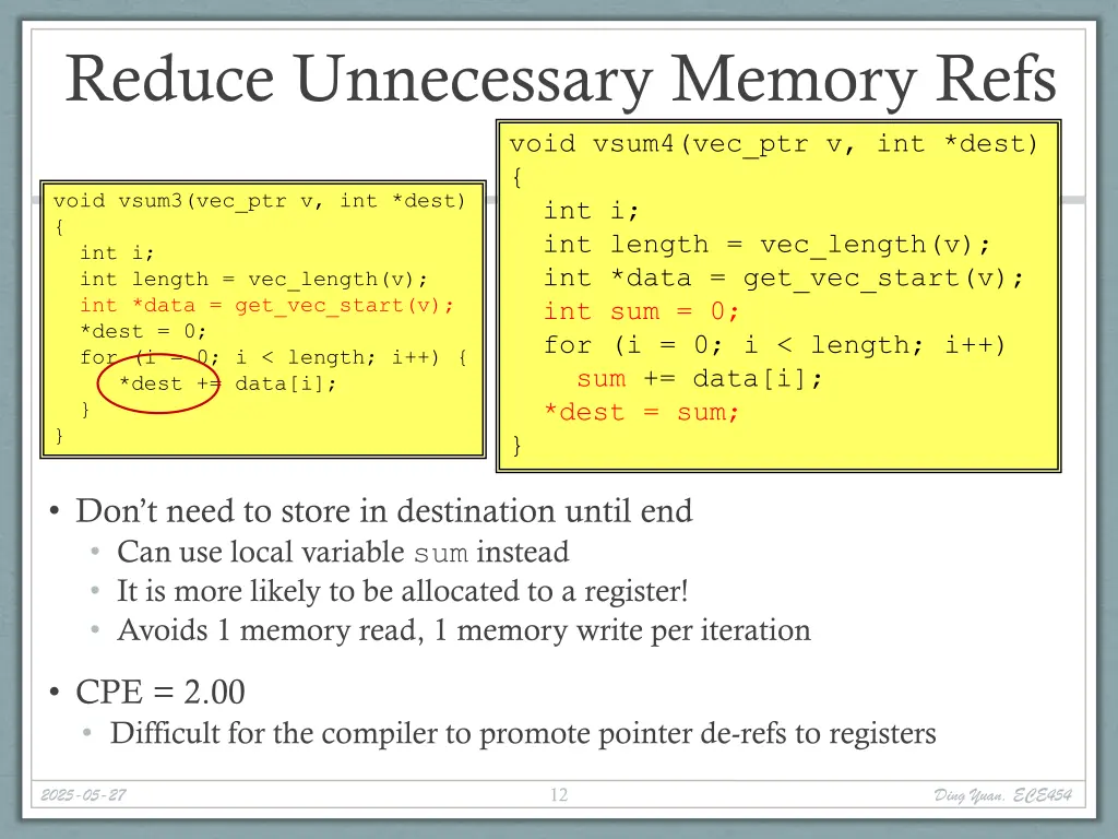 reduce unnecessary memory refs void vsum4