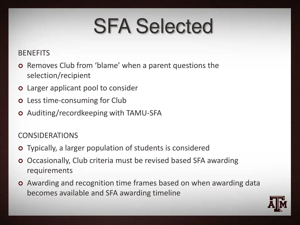 sfa selected
