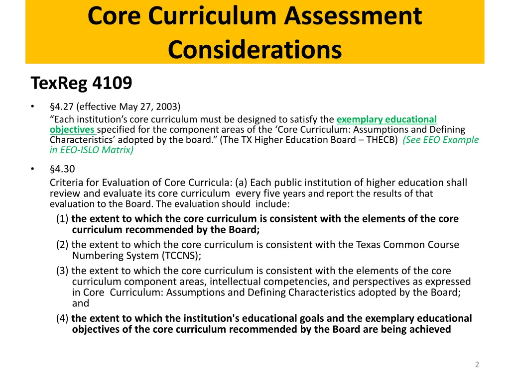 core curriculum assessment considerations texreg