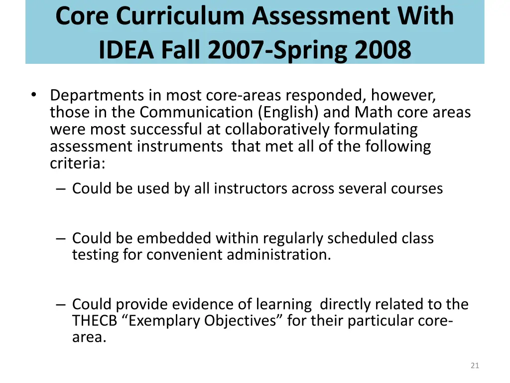 core curriculum assessment with idea fall 2007