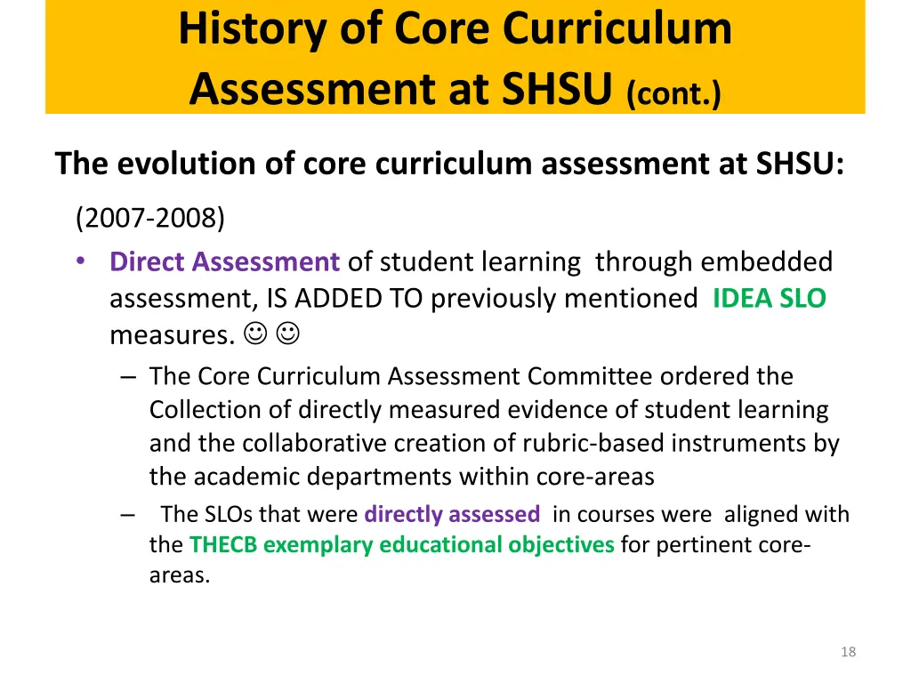 history of core curriculum assessment at shsu cont 2