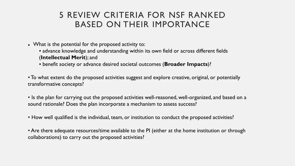 5 review criteria for nsf ranked based on their