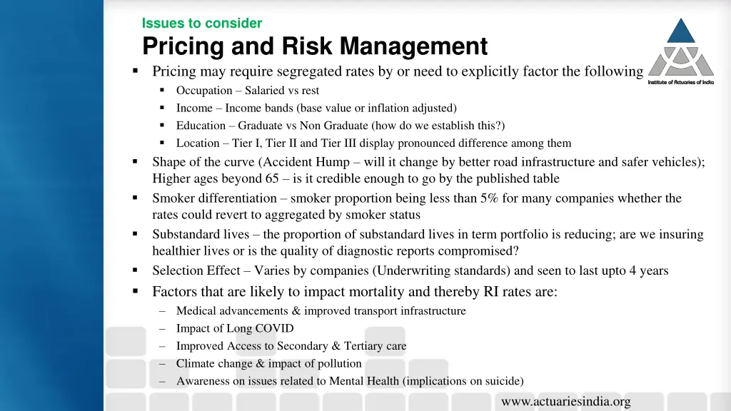 issues to consider pricing and risk management