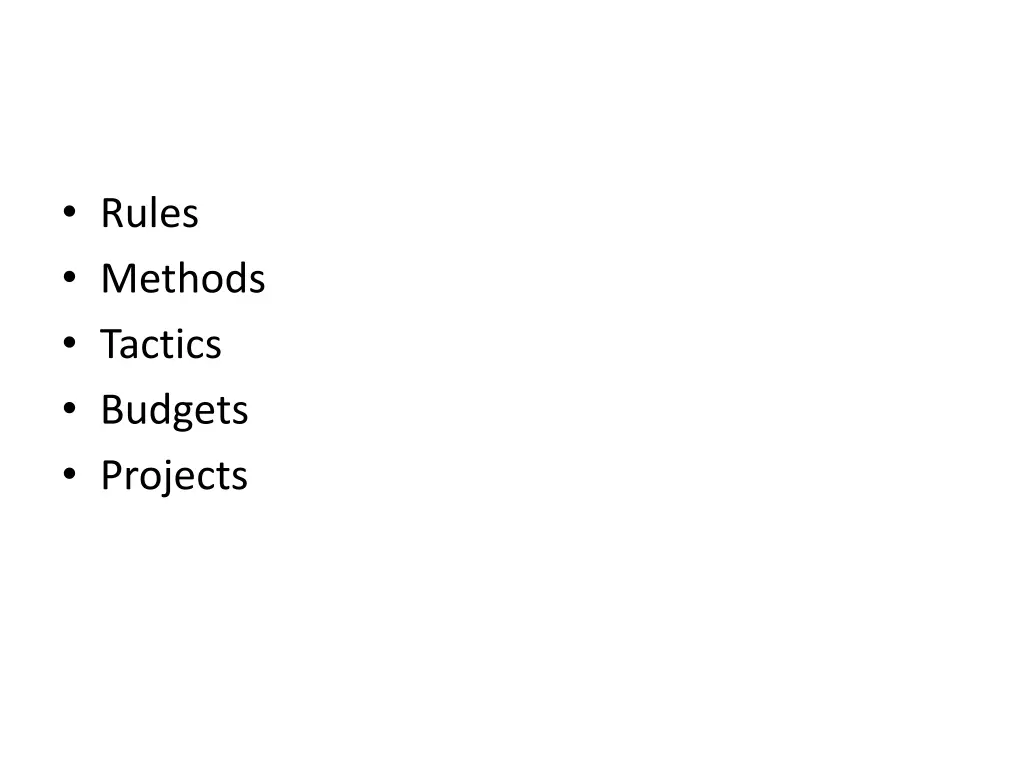 rules methods tactics budgets projects