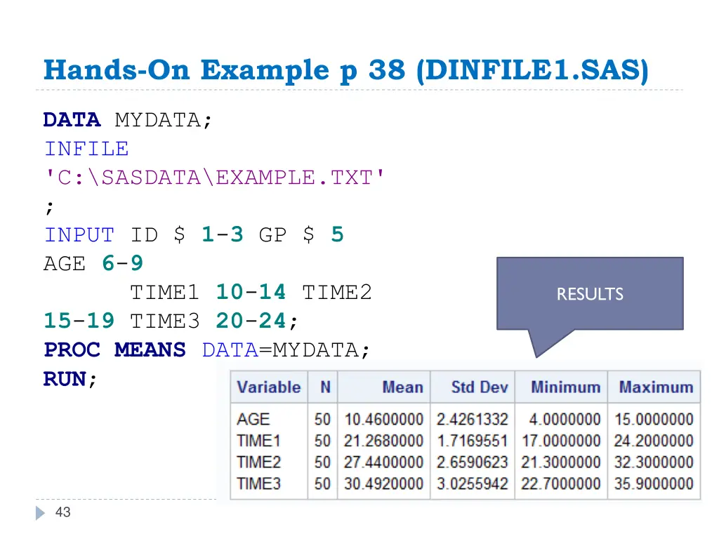 hands on example p 38 dinfile1 sas