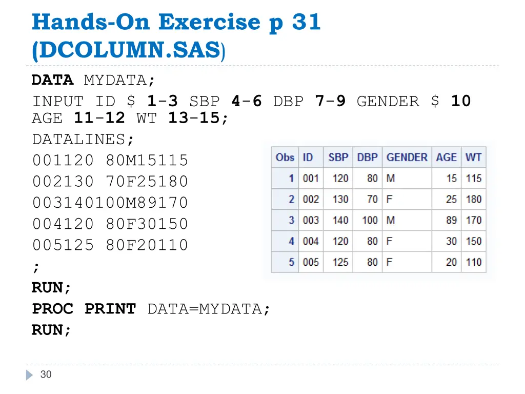 hands on exercise p 31 dcolumn sas data mydata