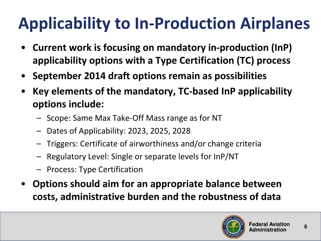 applicability to in production airplanes