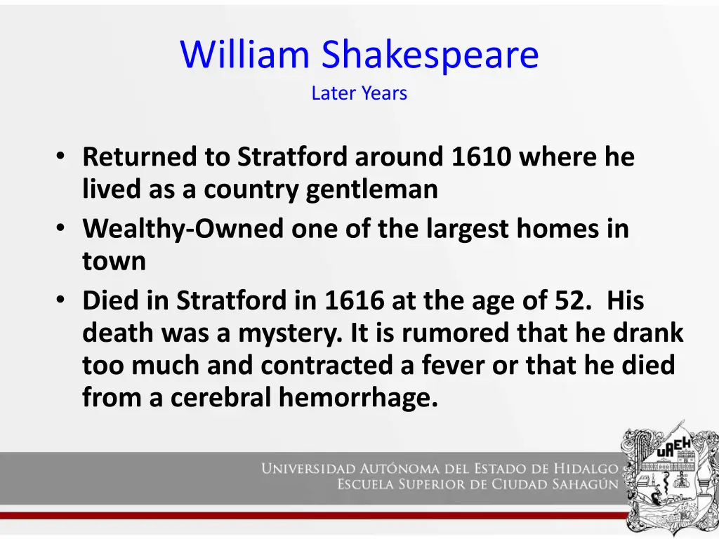 william shakespeare later years 1