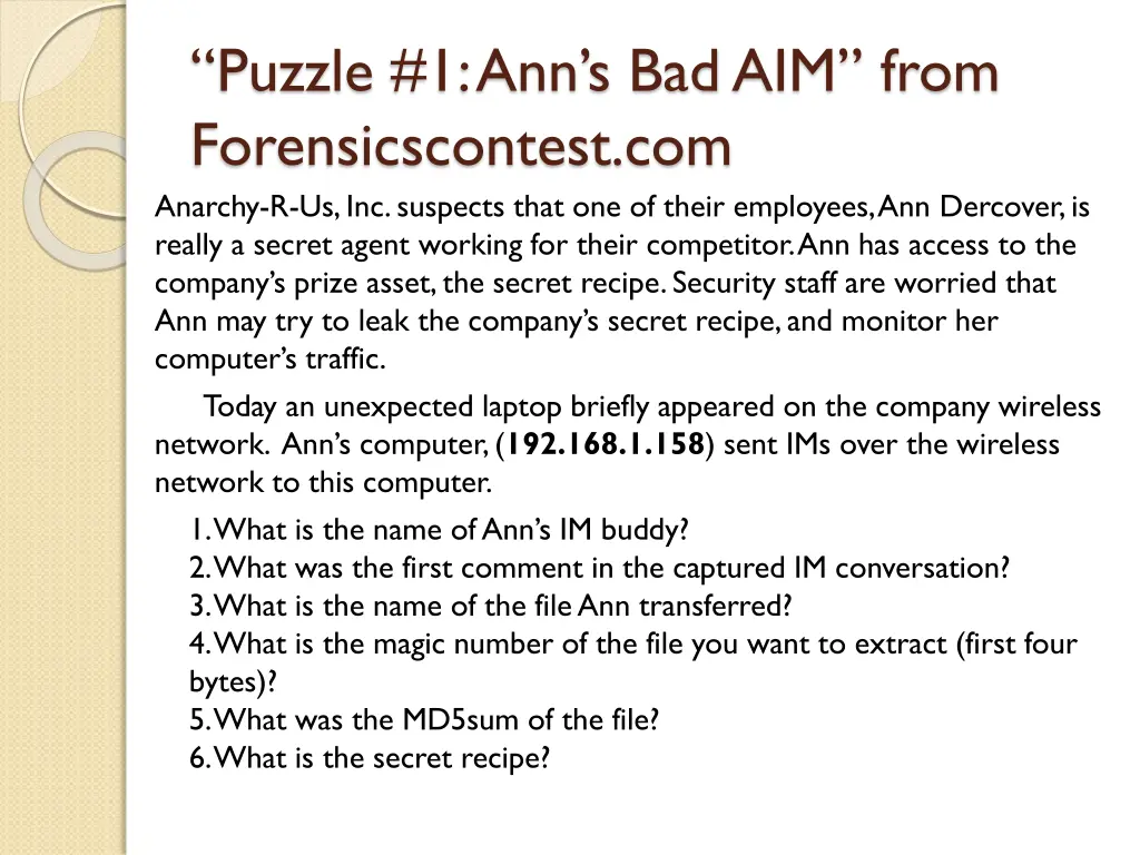 puzzle 1 ann s bad aim from forensicscontest