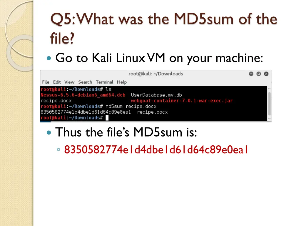 q5 what was the md5sum of the file go to kali