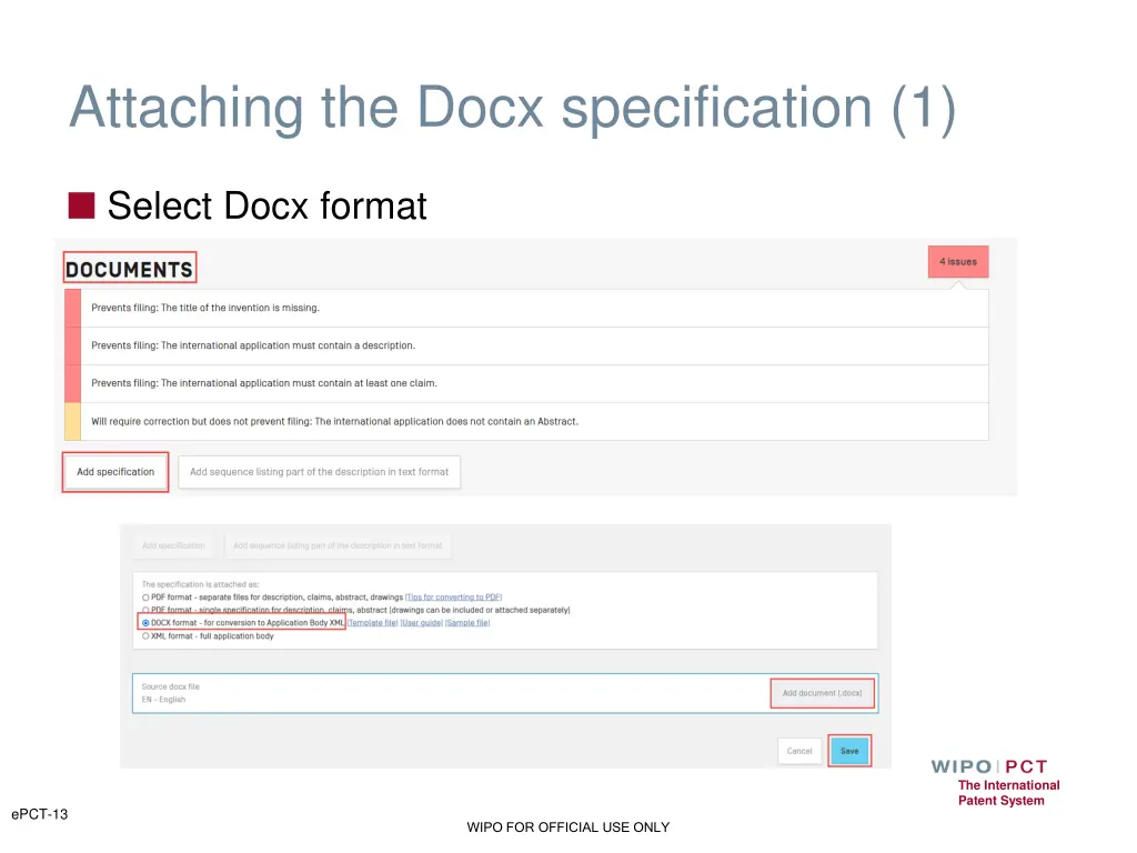 attaching the docx specification 1 select docx