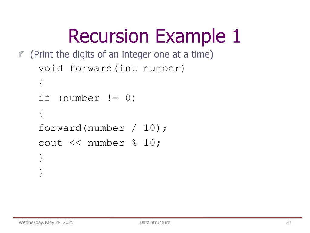 recursion example 1 print the digits