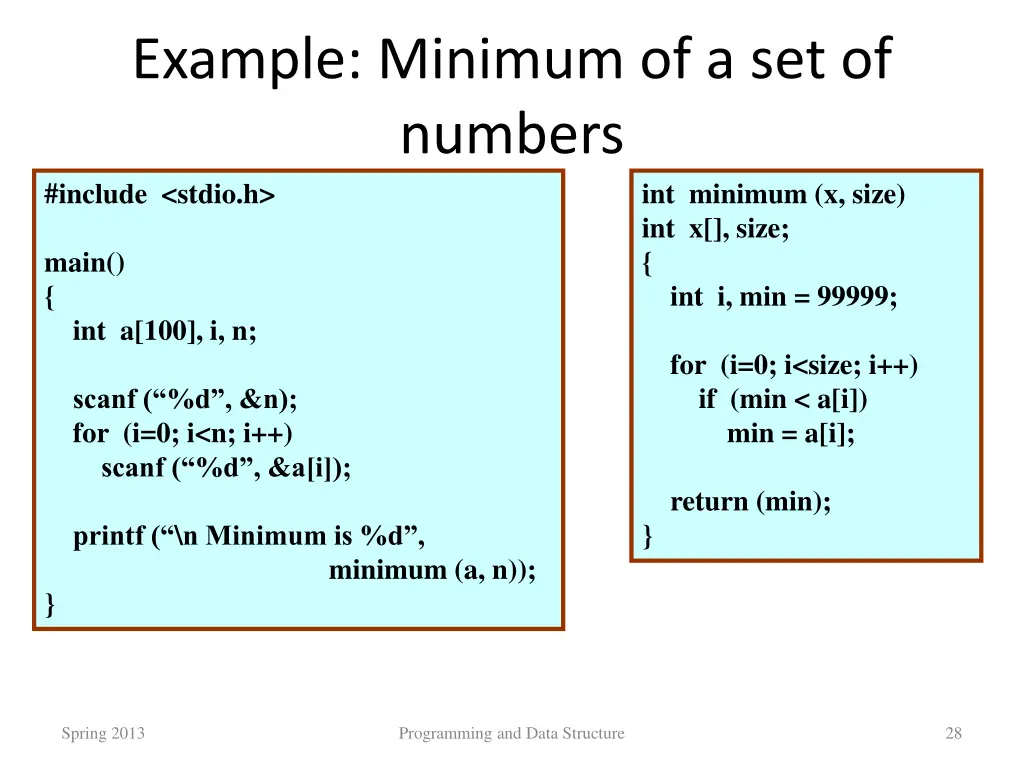 example minimum of a set of numbers include stdio