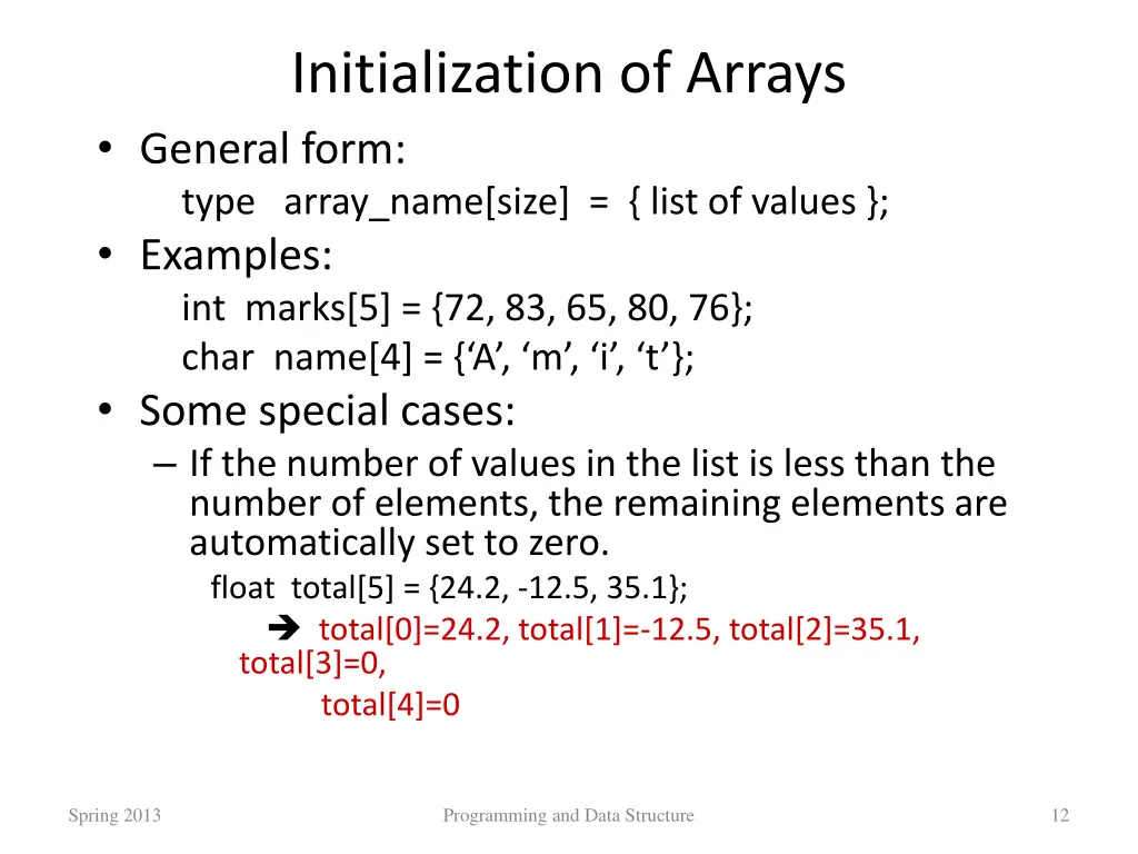 initialization of arrays general form type array