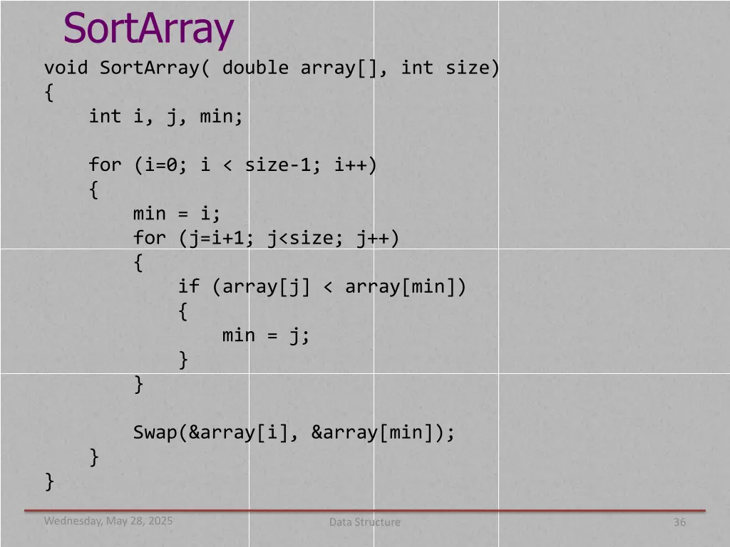 sortarray void sortarray double array int size