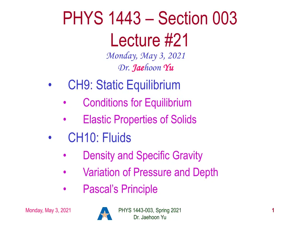 phys 1443 section 003 lecture 21 monday