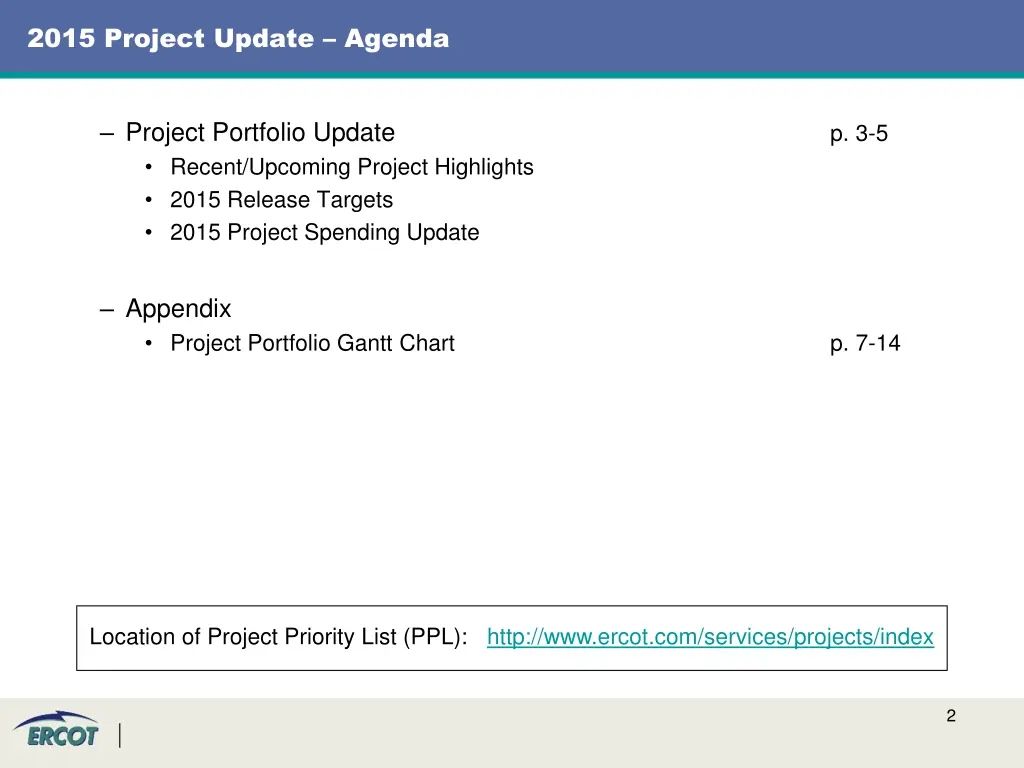 2015 project update agenda