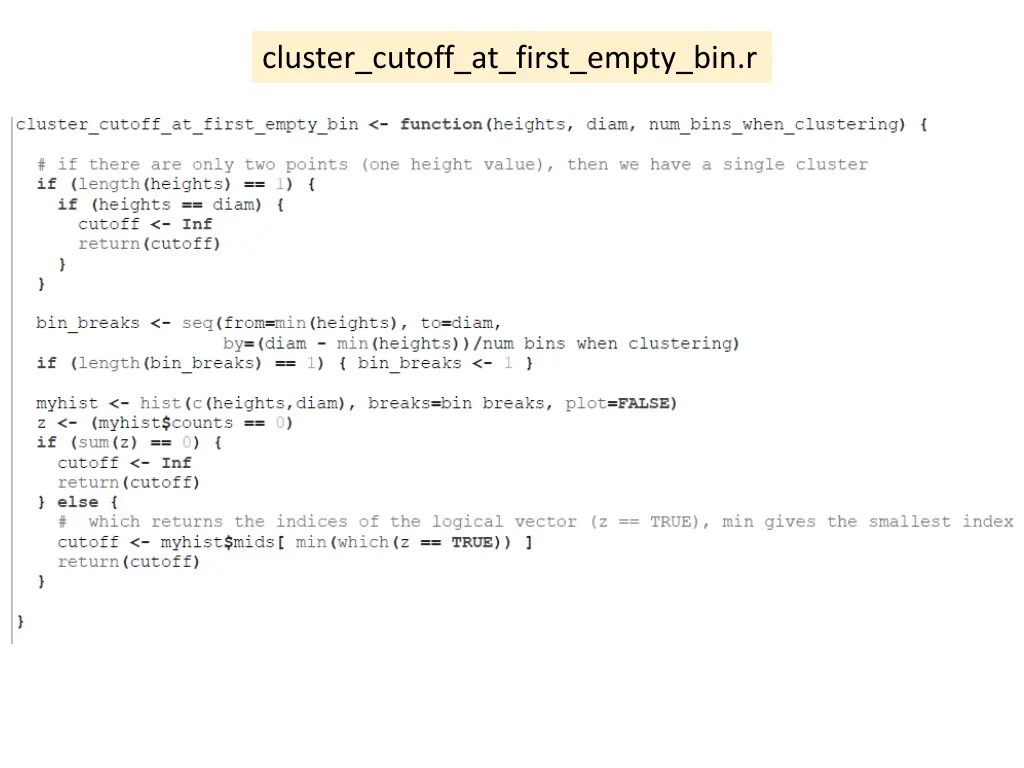 cluster cutoff at first empty bin r