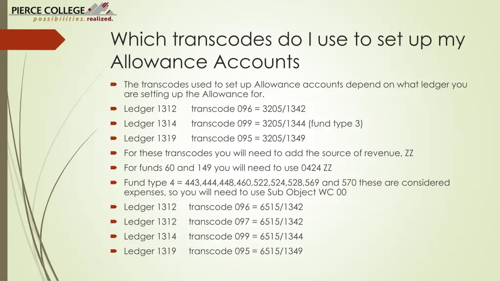 which transcodes do i use to set up my allowance