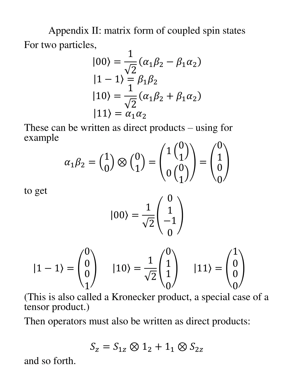 appendix ii matrix form of coupled spin states