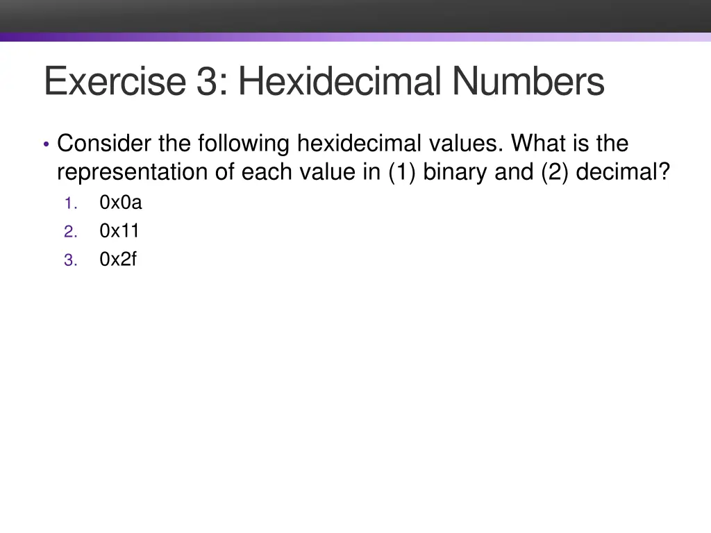 exercise 3 hexidecimal numbers