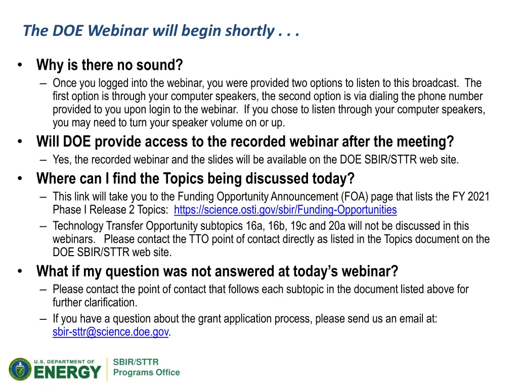 the doe webinar will begin shortly