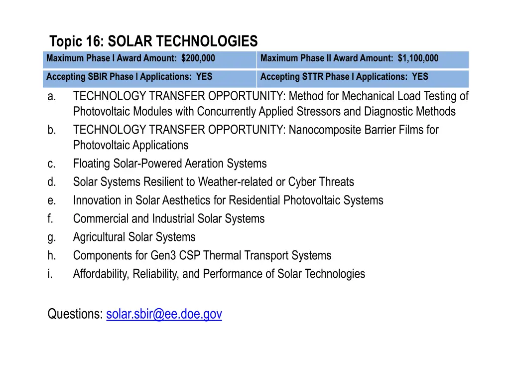 topic 16 solar technologies maximum phase i award
