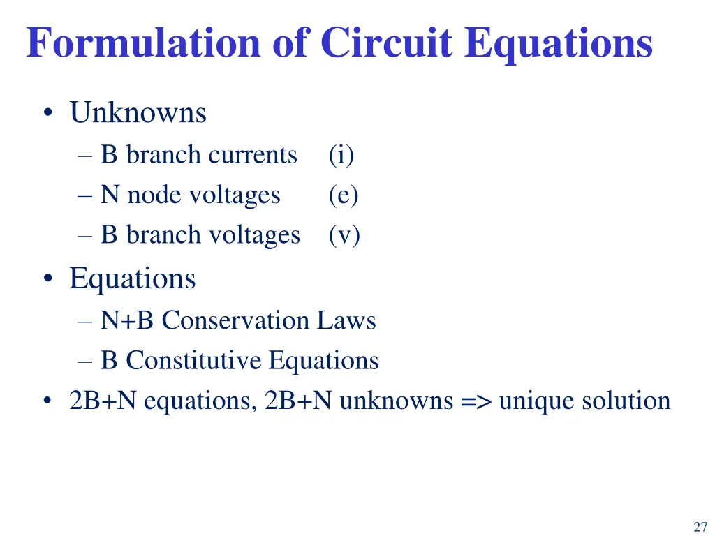 formulation of circuit equations